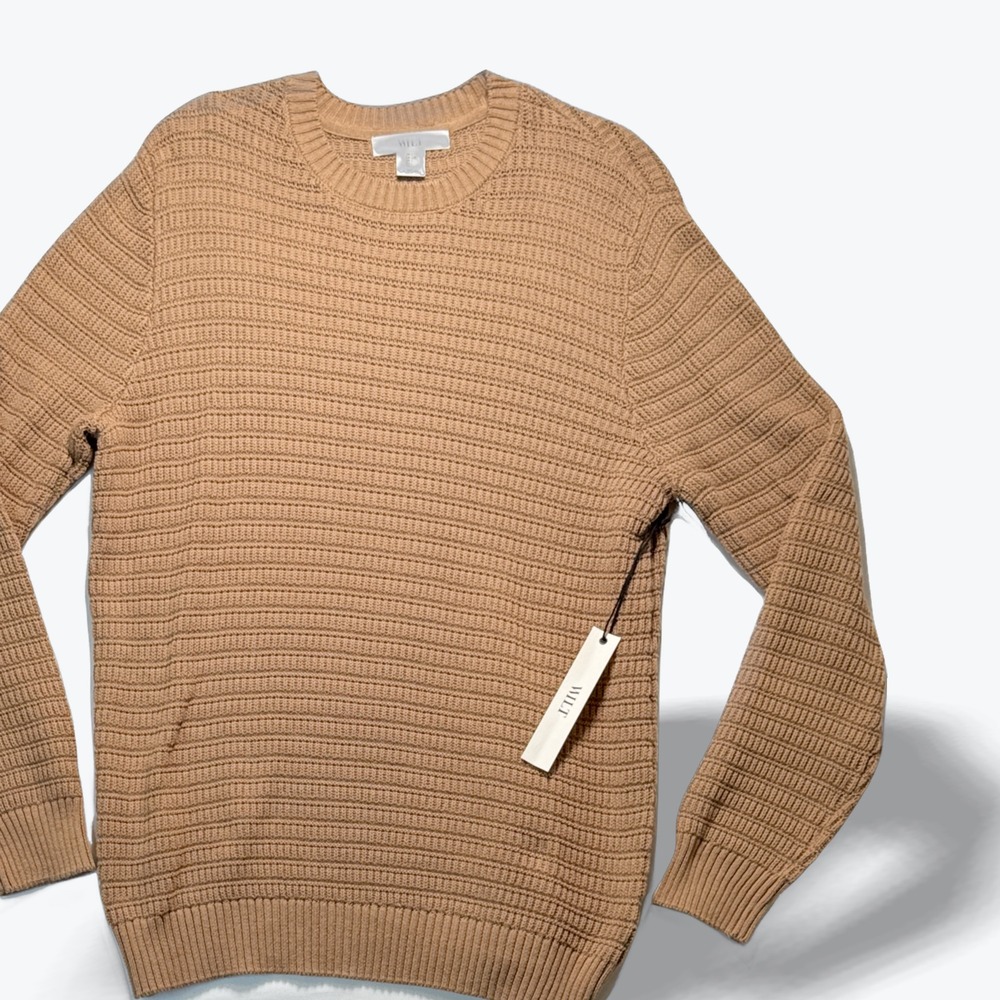 Wilt Crewneck Sweater Textured Ribbed Camel Brown Cotton Mens Large NEW